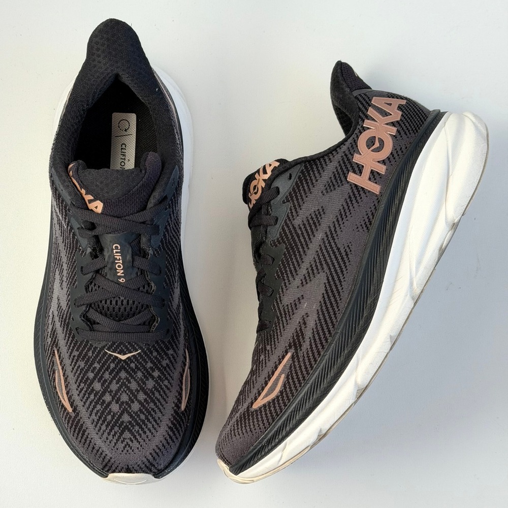 Hoka Clifton 9 Women 8 Black‎ Rose Gold Road Running Shoes Cushion Comfort Gym